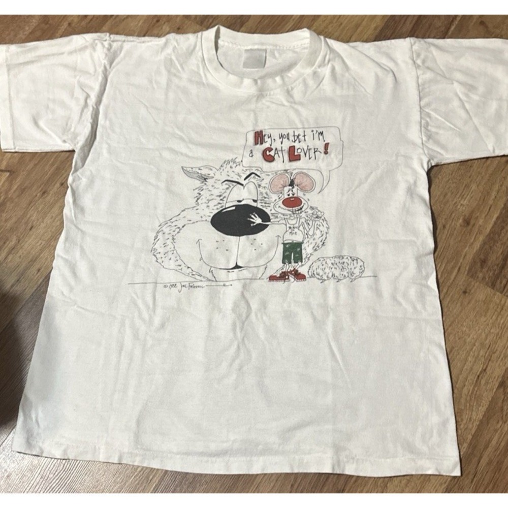 Vintage 1992 Mouse Is A Cat Lover White  T Shirt Size‎ Large USA Joel Friddell
